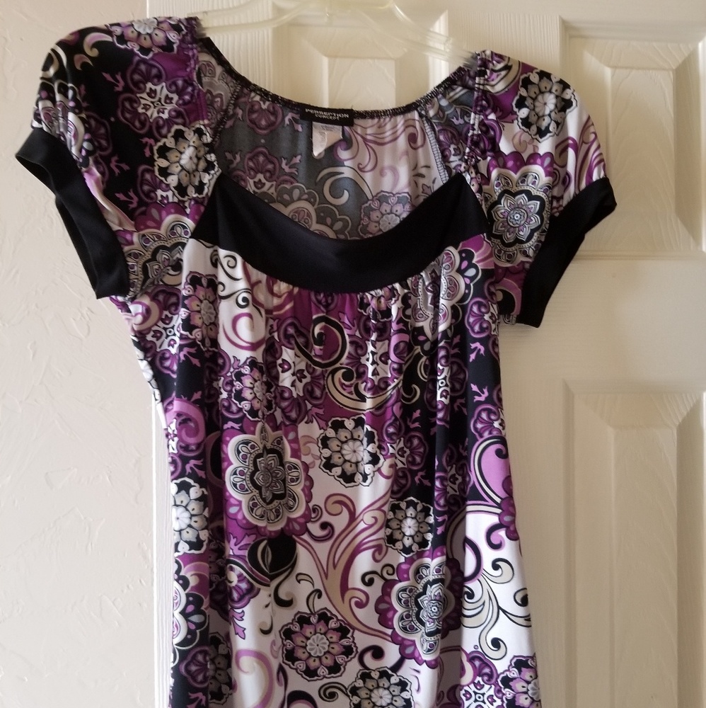 White Blouse with Purple, Black, and Tan Flowers